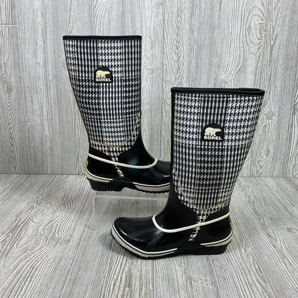 Sorel Tremblant Rain Boots Womens 10 Houndstooth Plaid Black NL1622